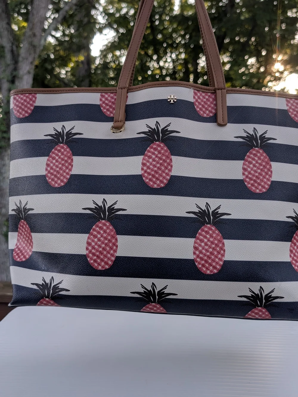 Tory Burch Kerrington Navy Stripe Pineapple Tote Bag - Pink Pineapple Print